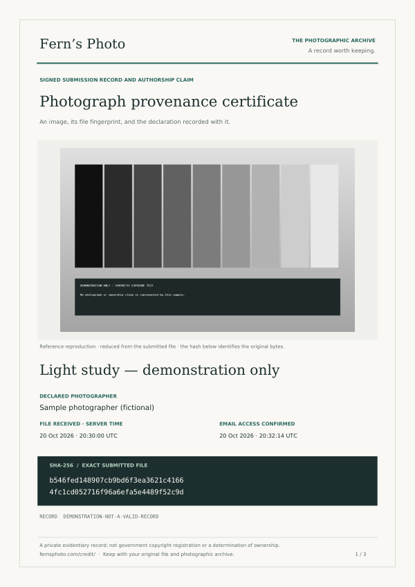 Sample certificate cover showing a synthetic exposure chart